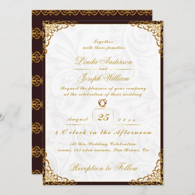 Luxury Glamour Gold Border & Nordic Flower Wedding Invitation (Front/Back)