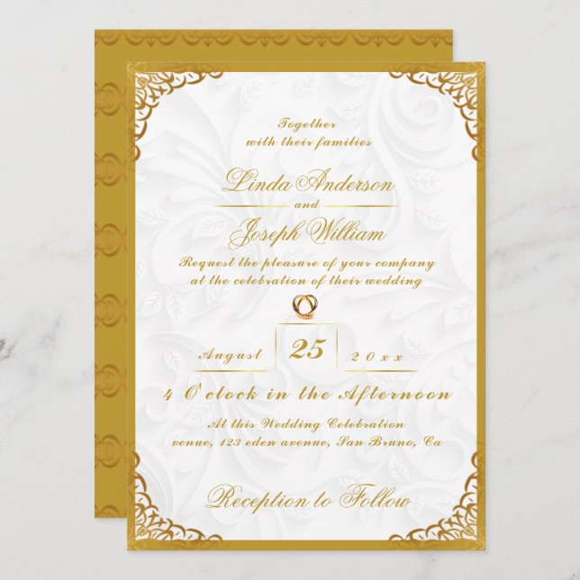 Luxury Glamour Gold Border & Nordic Flower Wedding Invitation (Front/Back)
