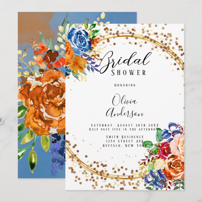 Luxury Glitter Blue Orange Floral Bridal Shower Invitation (Front/Back)