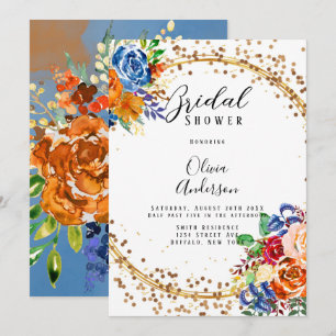Luxury Glitter Blue Orange Floral Bridal Shower Invitation