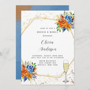Luxury Glitter Blue Orange Floral Brunch & Bubbly Invitation