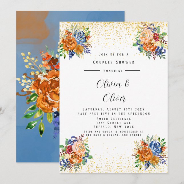 Luxury Glitter Blue Orange Floral Couples Shower Invitation (Front/Back)