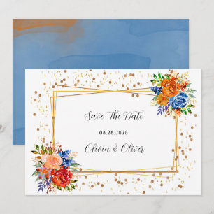Luxury Glitter Blue Orange Floral Save The Date
