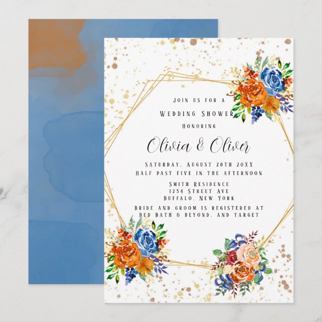 Luxury Glitter Blue Orange Floral Wedding Shower Invitation (Front/Back)