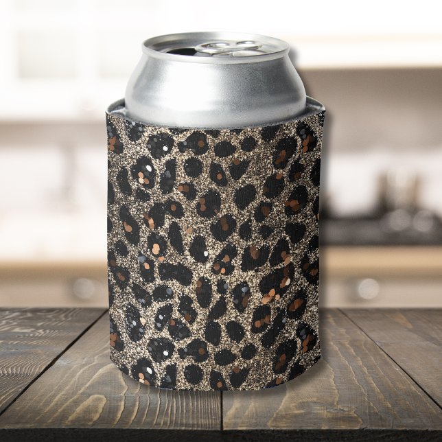 Luxury Glitter Brown Black Gold Leopard Pattern Can Cooler (Creator Uploaded)