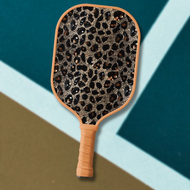 Luxury Glitter Brown Black Gold Leopard Pattern Pickleball Paddle (Creator Uploaded)