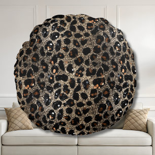 Luxury Glitter Brown Black Gold Leopard Pattern Round Cushion