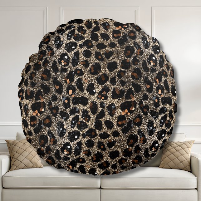 Luxury Glitter Brown Black Gold Leopard Pattern Round Cushion (Creator Uploaded)