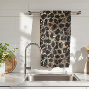 Luxury Glitter Brown Black Gold Leopard Pattern Tea Towel
