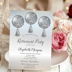 Luxury Glitter Drips Balloons Silver Retirement Invitation