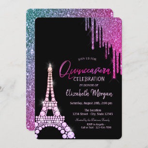 Luxury Glitter Drips Eiffel Tower Quinceañera Invitation