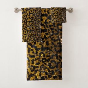 Luxury Glitter Gold Brown Black Leopard Pattern Bath Towel Set