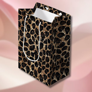 Luxury Glitter Gold Brown Black Leopard Pattern Medium Gift Bag