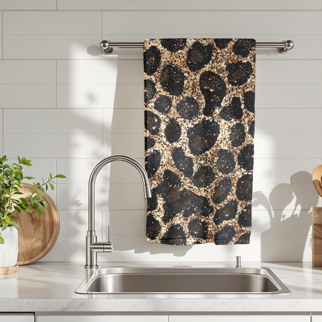 Luxury Glitter Gold Brown Black Leopard Pattern Tea Towel (Creator Uploaded)