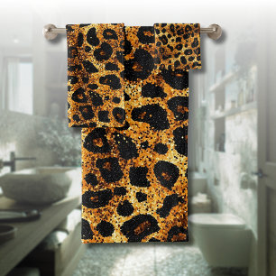 Luxury Glitter Gold Brown Rust Leopard Pattern Bath Towel Set