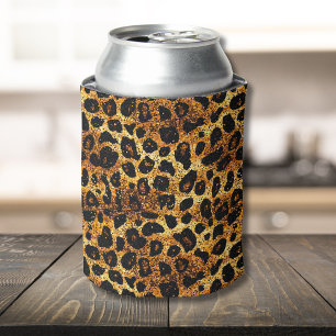 Luxury Glitter Gold Brown Rust Leopard Pattern Can Cooler