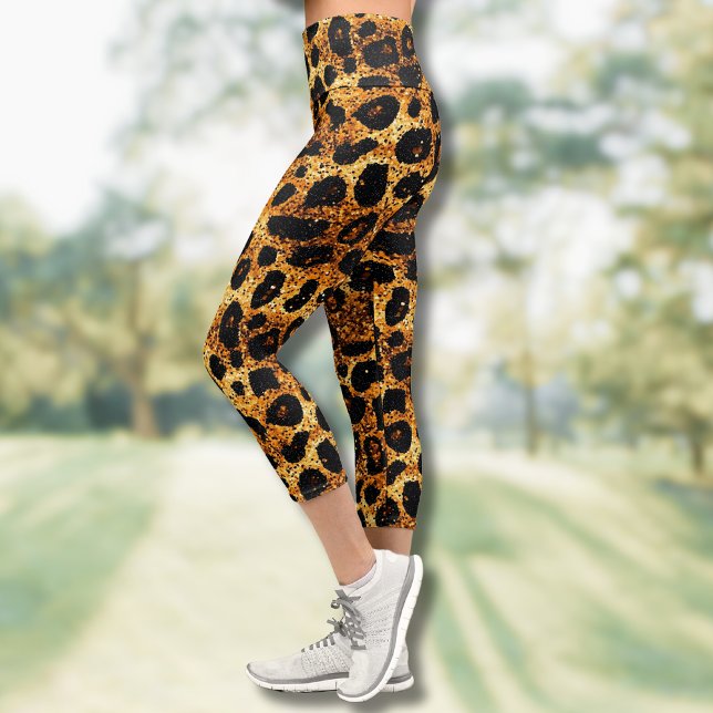 Luxury Glitter Gold Brown Rust Leopard Pattern Capri Leggings (Creator Uploaded)
