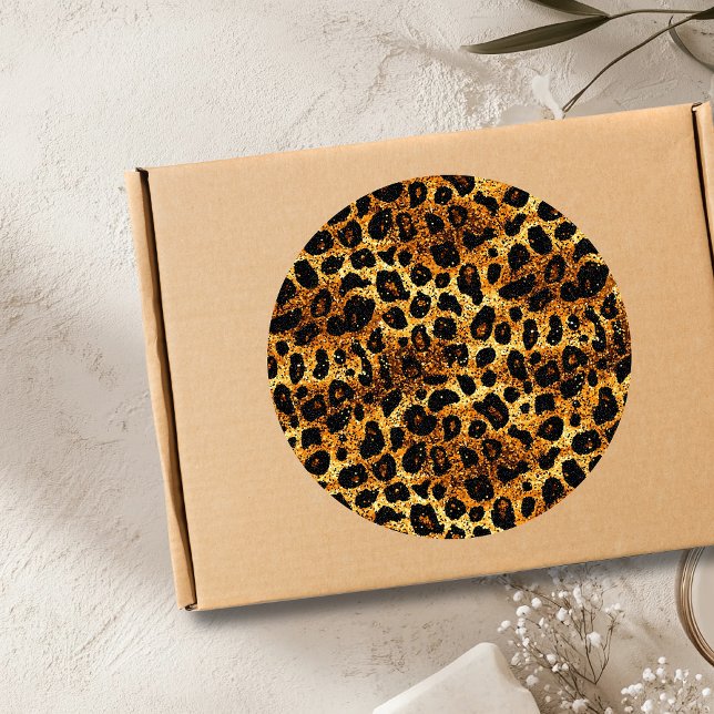 Luxury Glitter Gold Brown Rust Leopard Pattern Classic Round Sticker (Creator Uploaded)