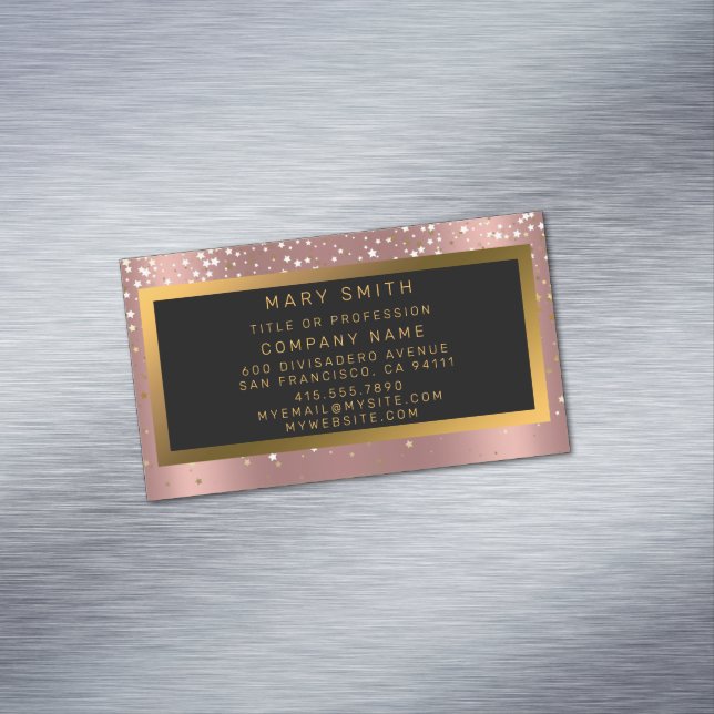 Luxury Glitter Gold Pink Stars Magnetic Business Card (In Situ)