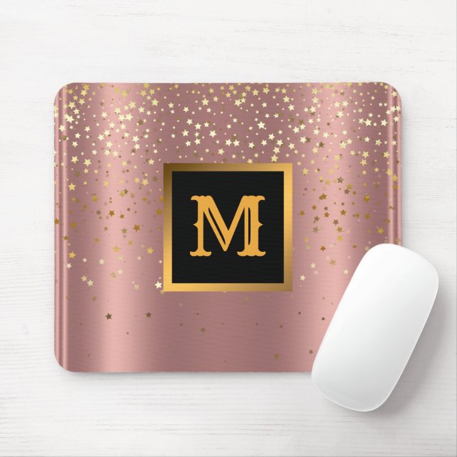 Luxury Glitter Gold Pink Stars Monogrammed Mouse Mat (With Mouse)