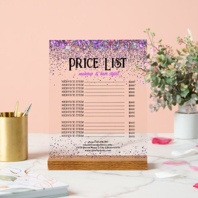 Luxury Glitter Price List Makeup & Hair Stylists Acrylic Sign (Wedding)