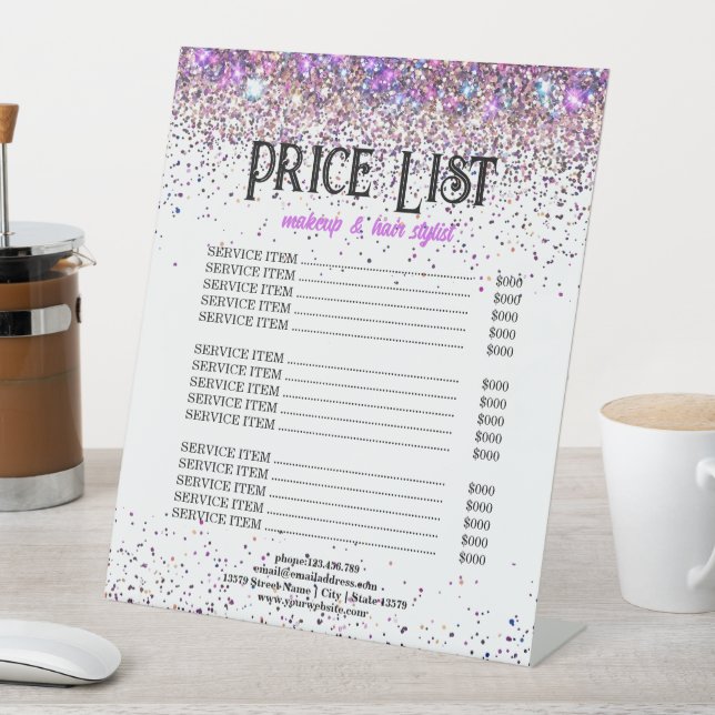Luxury Glitter Price List Makeup & Hair Stylists Pedestal Sign (In SItu)