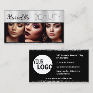 Luxury Glitter Silver Grey Borders with Logo Photo Business Card