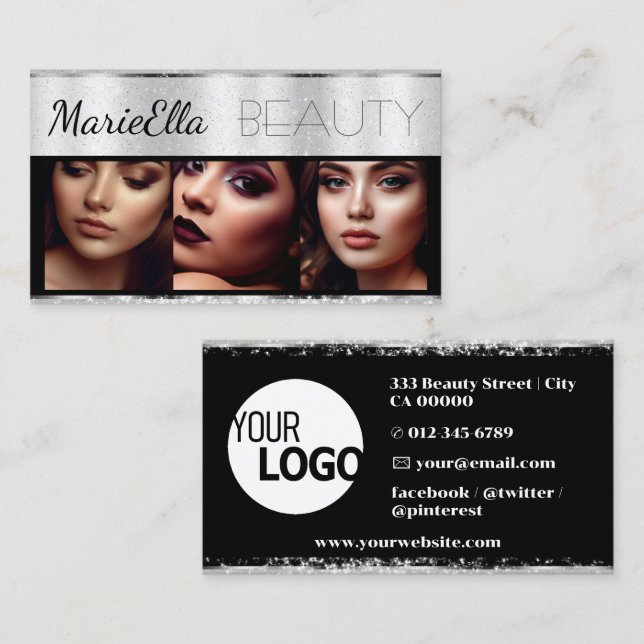 Luxury Glitter Silver Grey Borders with Logo Photo Business Card (Front/Back)