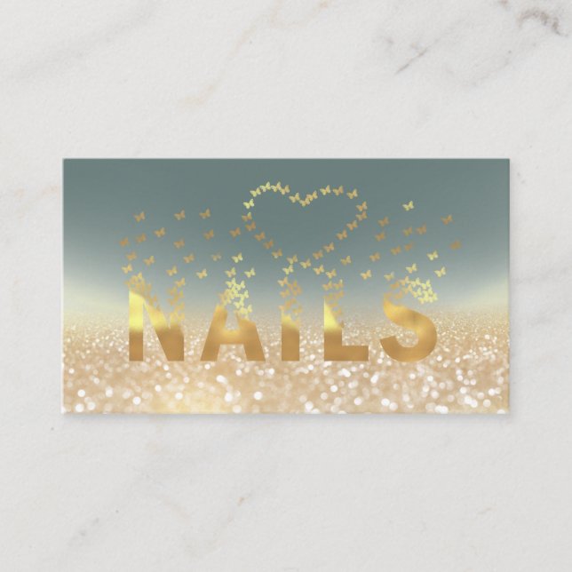 Luxury glittery gold butterflies nails logo business card (Front)