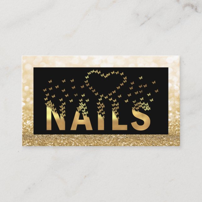 Luxury glittery gold butterflies nails logo business card (Front)