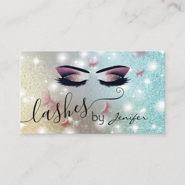 Luxury glittery sparkling butterfly lashes makeup business card (Front)