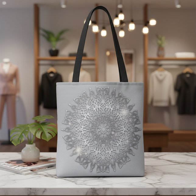 Luxury Glowing Sparkling Silver Metallic Mandala  Tote Bag (Creator Uploaded)