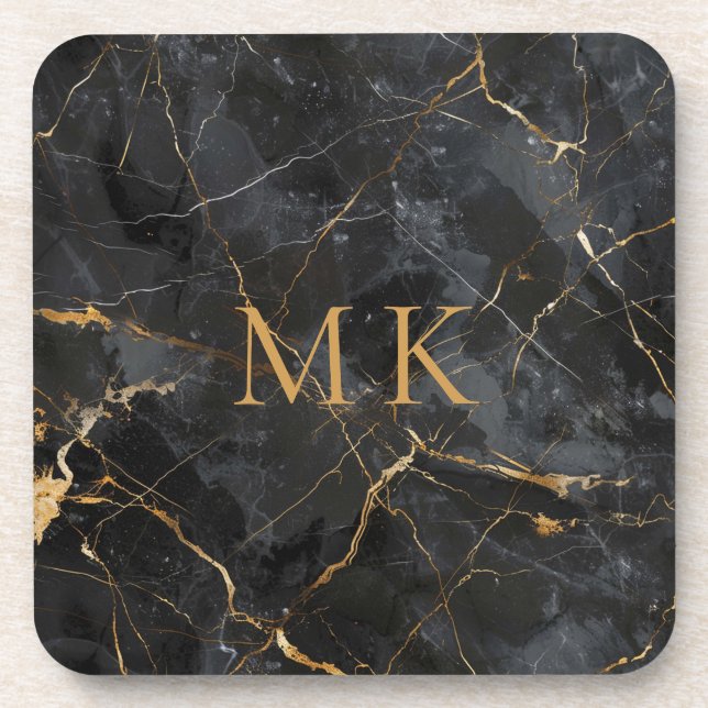Luxury Gold Accent Black Marble Monogram Initials Coaster (Front)
