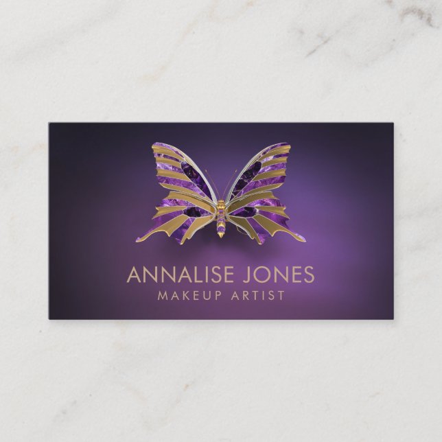 Luxury Gold and Amethyst Butterfly on purple Business Card (Front)