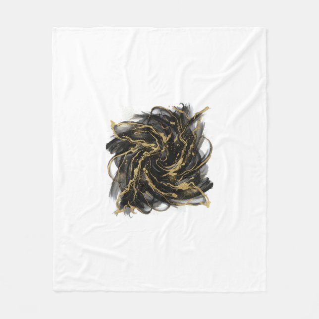 Luxury Gold and Black Abstract Marble Ink Flow Fleece Blanket (Front)