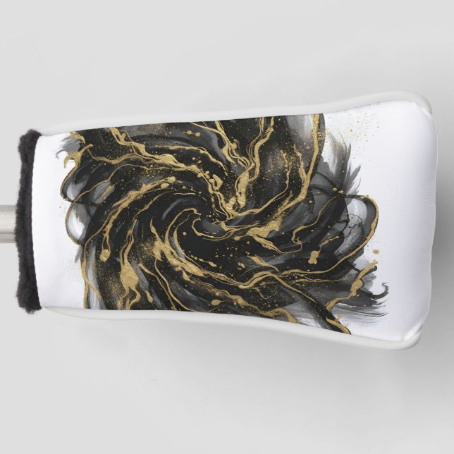 Luxury Gold and Black Abstract Marble Ink Flow Golf Head Cover (Front)