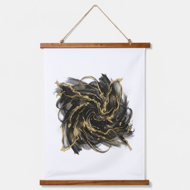 Luxury Gold and Black Abstract Marble Ink Flow Hanging Tapestry (Front)