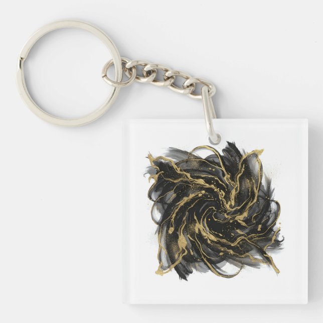 Luxury Gold and Black Abstract Marble Ink Flow Key Ring (Front)