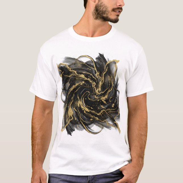Luxury Gold and Black Abstract Marble Ink Flow T-Shirt (Front)