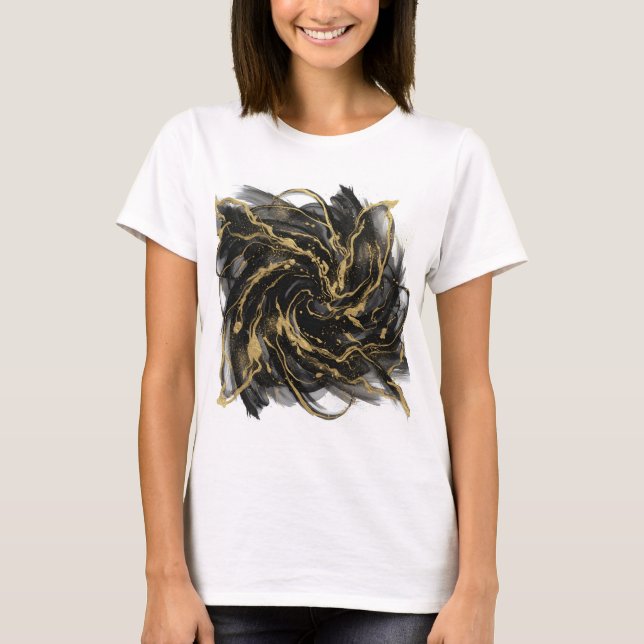 Luxury Gold and Black Abstract Marble Ink Flow T-Shirt (Front)