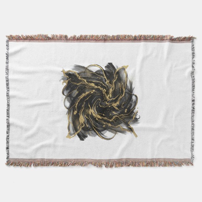 Luxury Gold and Black Abstract Marble Ink Flow Throw Blanket (Front)