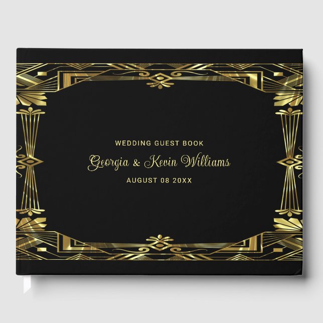Luxury gold and black art deco frame guest book (Front)