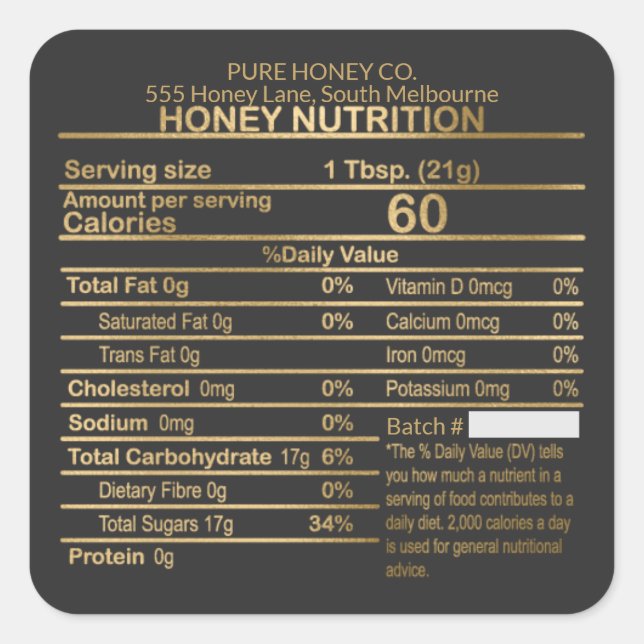 Luxury Gold And Black Honey Nutritional Label (Front)