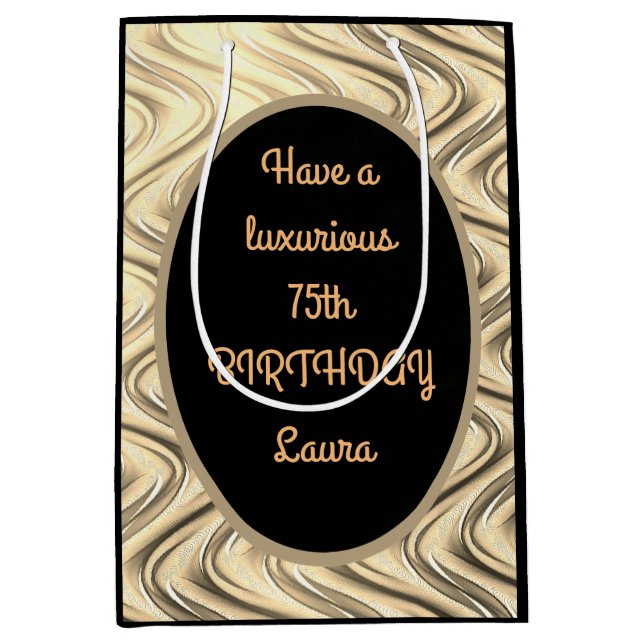 Luxury Gold and Black Personalised 75th Birthday Medium Gift Bag (Front)