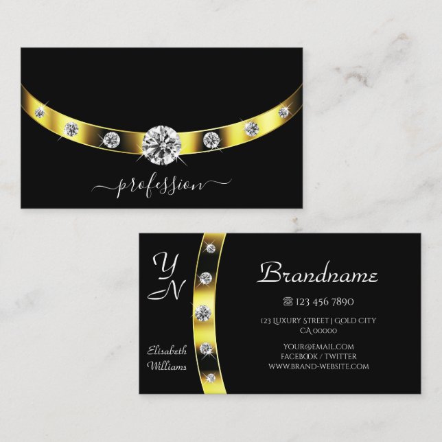 Luxury Gold and Black with Sparkling Rhinestones Business Card (Front/Back)