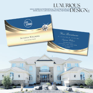 Luxury Gold and Blue with Logo Sparkle Diamond Business Card