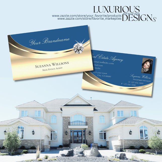 Luxury Gold and Blue with Photo Sparkling Diamond Business Card (Creator Uploaded)
