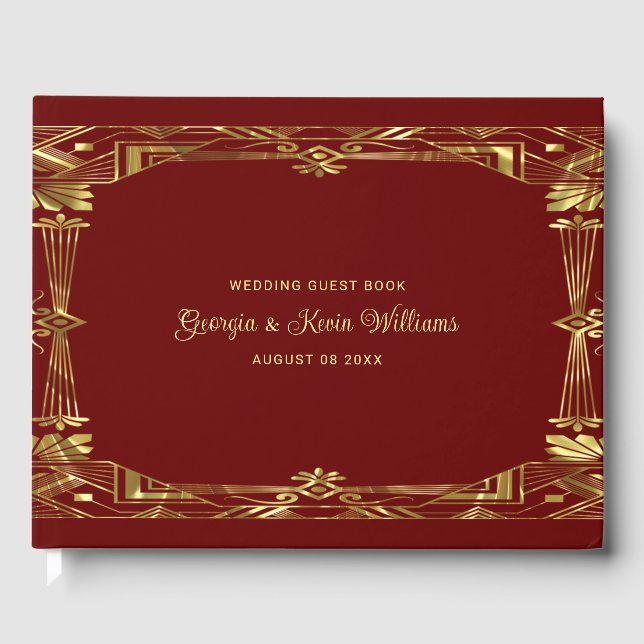 Luxury gold and dark red art deco frame guest book (Front)
