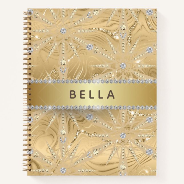 Luxury Gold And Diamond Snowflakes Custom Name Notebook (Front)