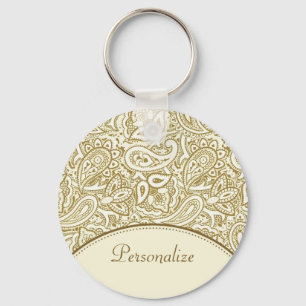 Luxury Gold and Ivory Paisley Damask With Name Key Ring